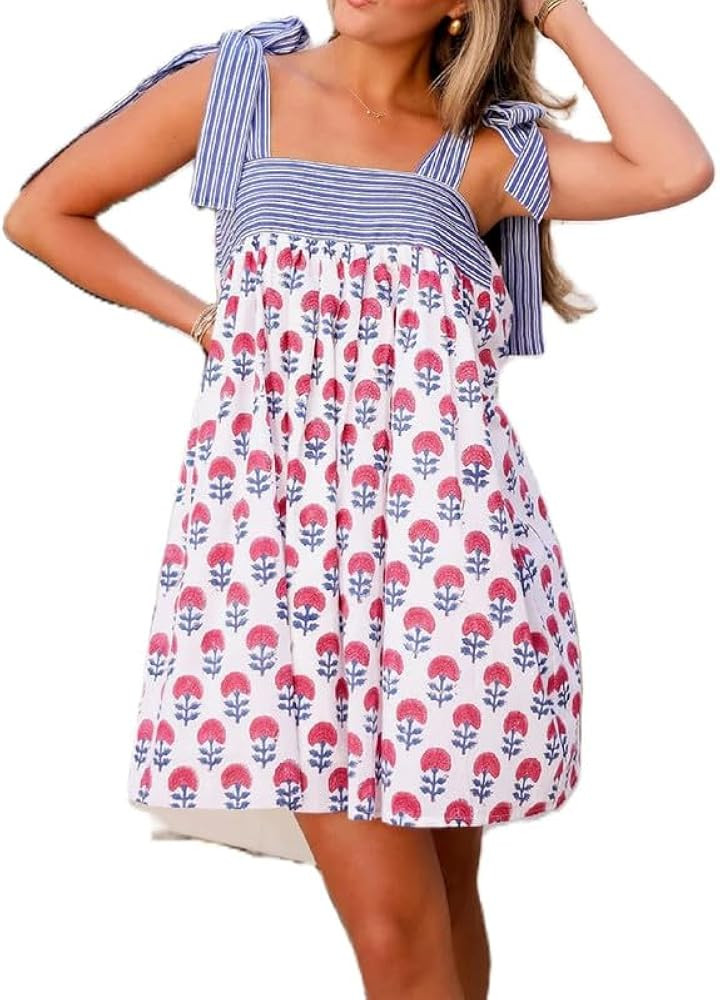 Women Floral Tie Shoulder Mini Dress Cute Square Neck Loose Fit Beach Short Dress Backless Boho V... | Amazon (US)