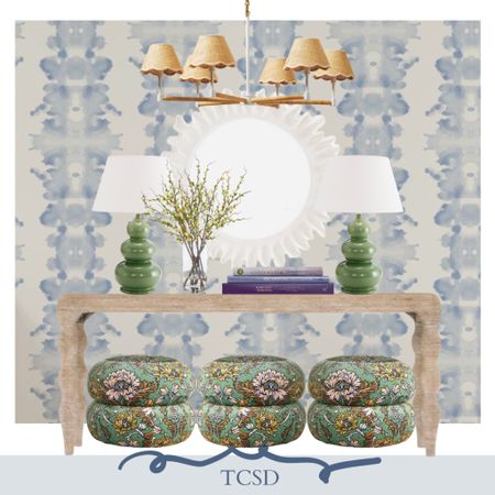 Perfect design board for a foyer or any space with a large blank wall. Patterned blue wallpaper mixed with patterned green ottomans - the perfect combo! The chandelier is classic with woven shades and the white mirror can blend with almost any style. 🤍💚💜 #bluewallpaper #greenottoman #consoletable #roundmirror 

#LTKfindsunder100 #LTKstyletip #LTKhome