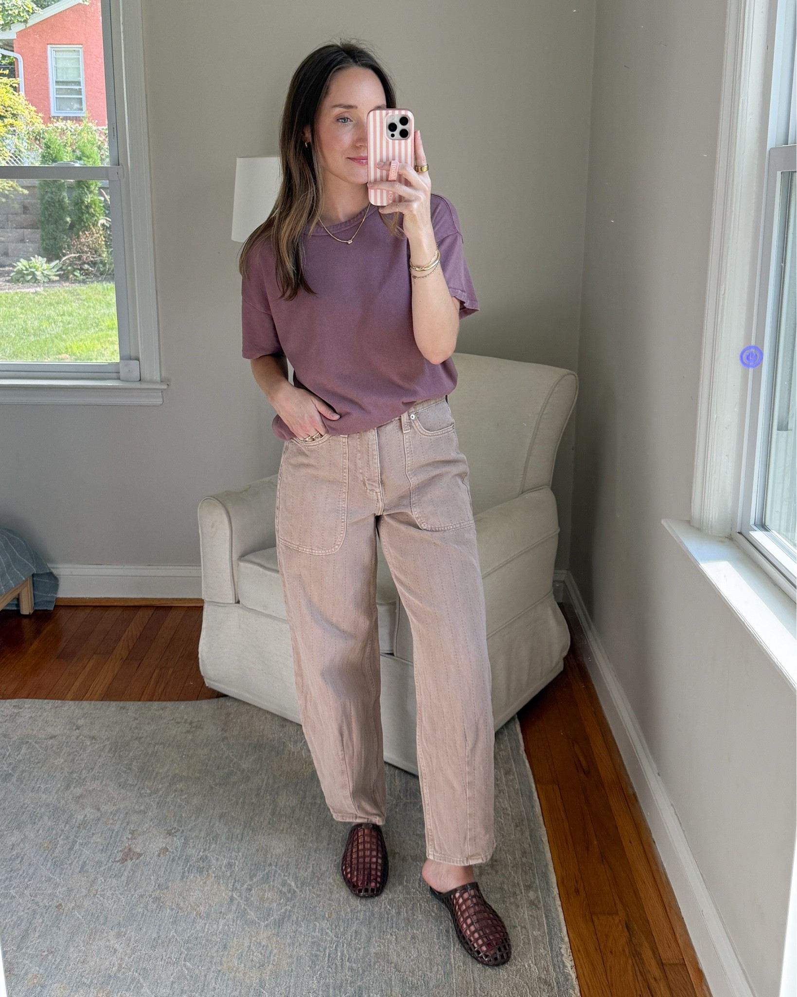 This boyfriend tee is one of the best tees I found at target in recent years. Grab it for 30% off before the sale ends today! ￼You can wear it tucked like this or loose and it hits a little below the hip. Wearing XS.￼