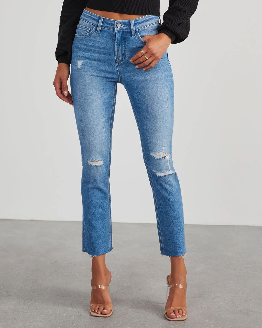 Jeanne High Rise Distressed Slim Straight Denim | VICI Collection