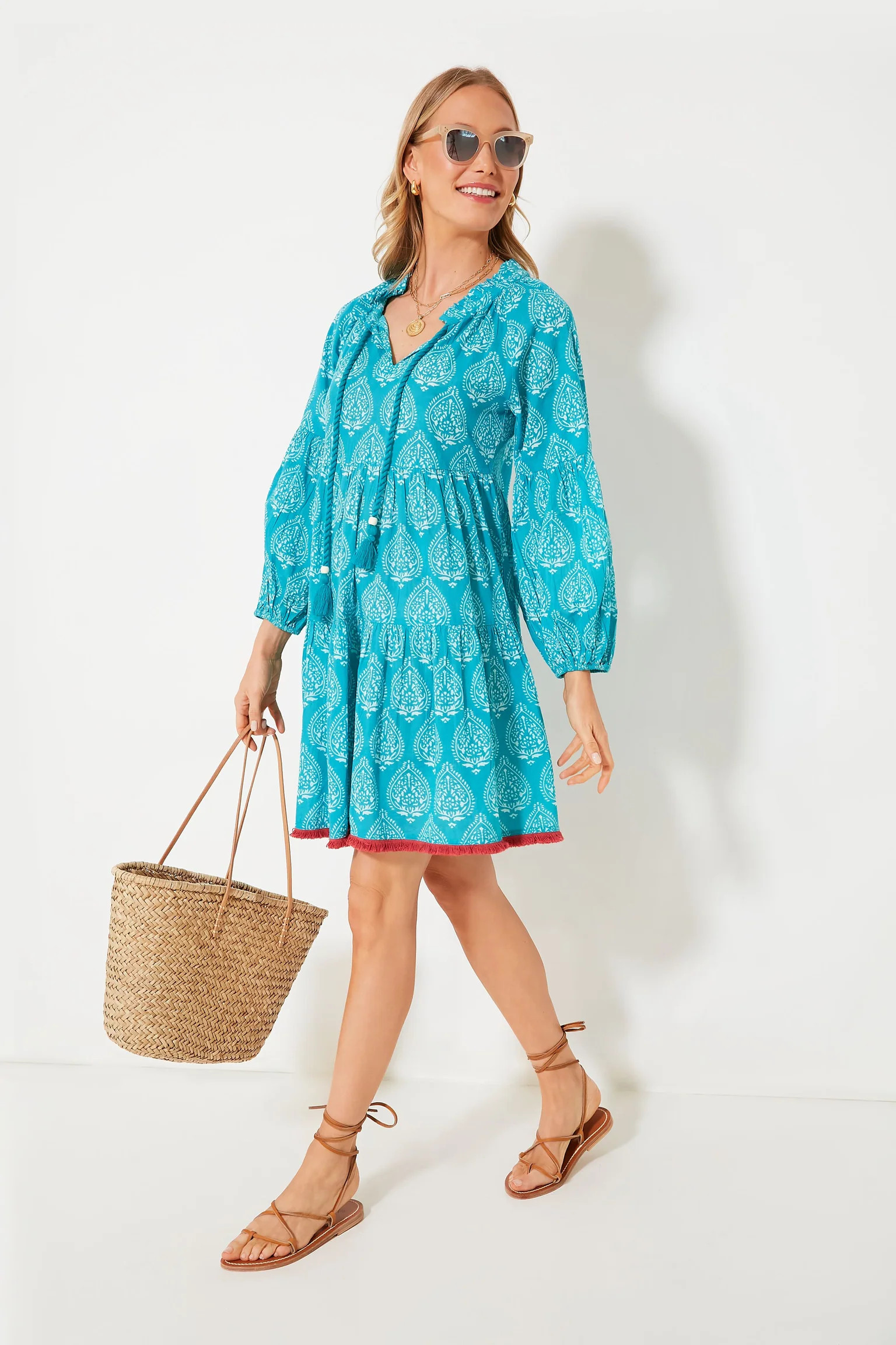 Tropical Teal Lantern Block Print Tie Neck Coverup | Tuckernuck (US)