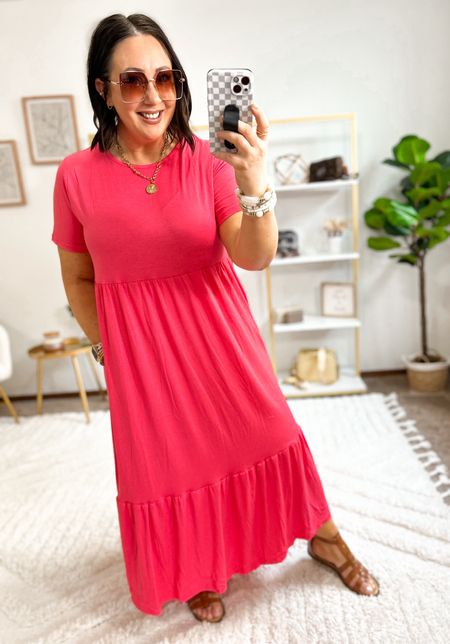 This flowy maxi dress is better than I expected it to be and then some!  Comes in lots of colors. Has hidden pockets!  Sized up to an xl in mine but have plenty of room. Could possibly do a large too. Love this one!  Sandals run tts. #amazonfinds

#LTKmidsize #LTKSeasonal #LTKfindsunder50