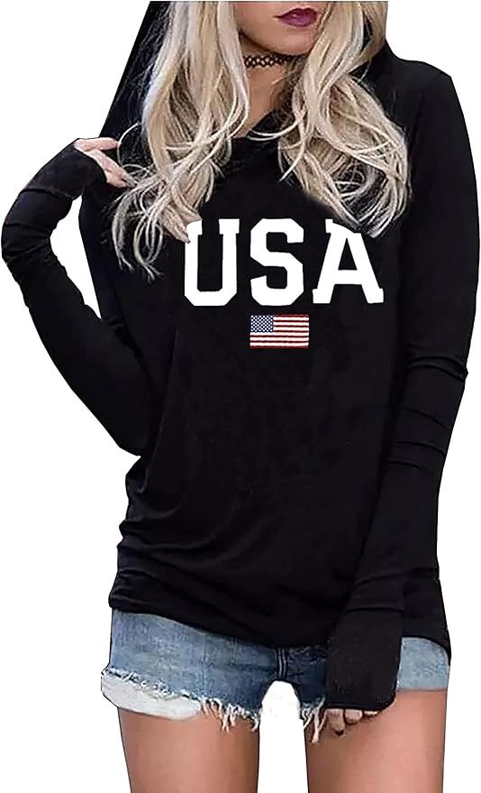 LYEIAO American Flag Fashion Hoodie for Women USA Flag Graphic T-Shirt 4th of July Patriotic Long... | Amazon (US)