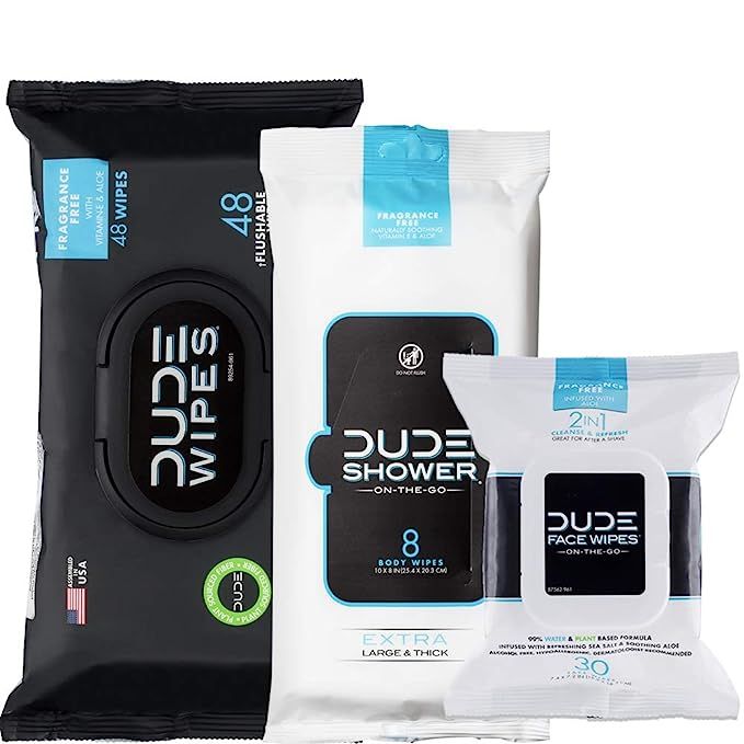 DUDE Wipes Flushable (48ct), DUDE Shower Body Wipes (8ct), & DUDE Face Wipes (30ct) Unscented wit... | Amazon (US)