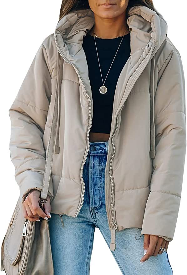 Dokotoo Womens Winter Full Zipper Hooded Puffer Jacket Short Coat with Pockets | Amazon (US)