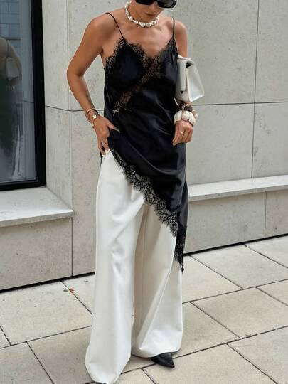 Women's Lace Trim Asymmetrical Mini Tank Dress Spaghetti Strap V Neck Satin Camisole Dresses ... | SHEIN