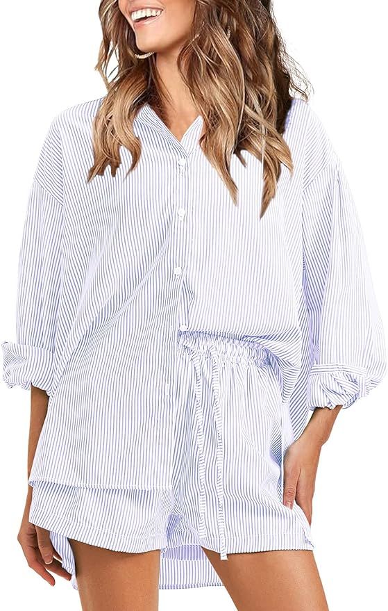 EXLURA Women's 2 Piece Outfits Casual Long Sleeve Button Down Shirts Lounge Matching Short Sets S... | Amazon (US)