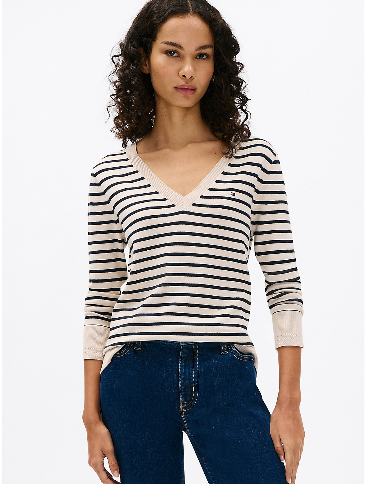 Tommy Hilfiger Women's Stripe V-Neck Sweater - Beige - S | Tommy Hilfiger (US)