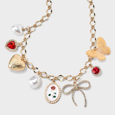 Butterflies, Hearts and Bows Chunky Charm Pendant Necklace - Wild Fable™ Gold/Red: Steel Chain,... | Target
