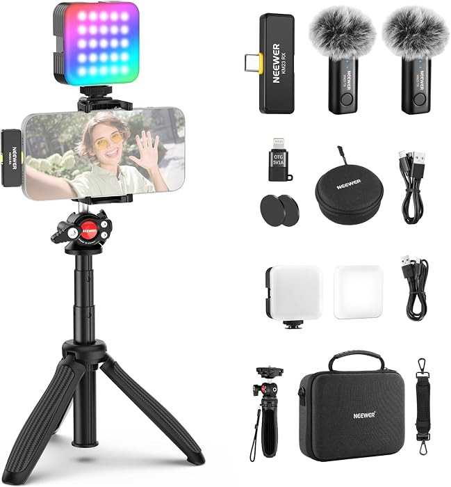 NEEWER Vlogging Kit for Phone with RGB LED Light/Lavalier Wireless Microphone System/Selfie Stick... | Amazon (US)