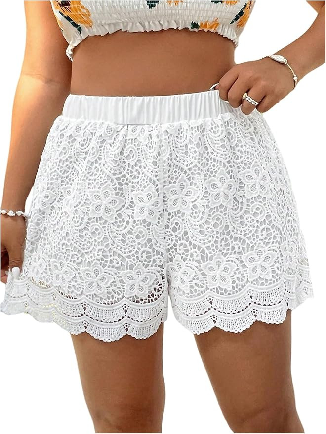 MakeMeChic Women's Plus Size Flowy Wide Leg Shorts Scallop Trim Summer Beach Vacation Shorts | Amazon (US)