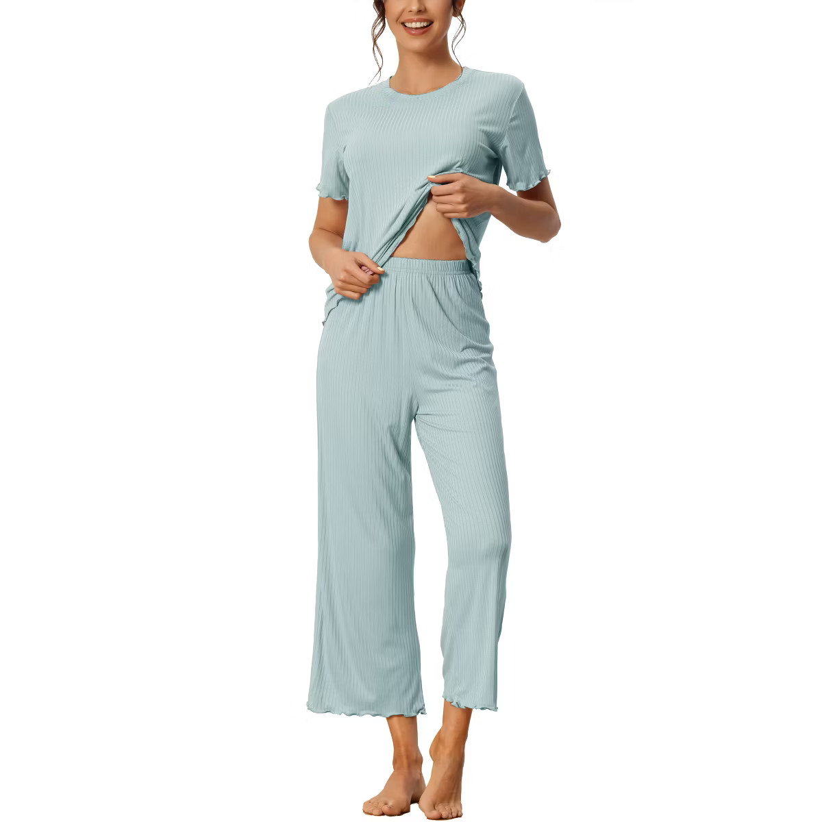 cheibear Women's Sleepwear Round Neck Soft Knit Short Sleeve Shirt with Pants Capri Pajamas Set | Target