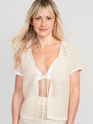 Cropped Crochet V-Neck Tie-Front Cover-Up Sweater for Women | Old Navy (US)