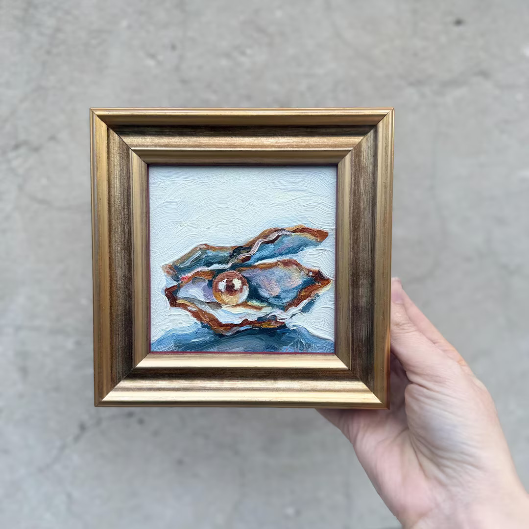 Oyster Pearl Painting Original Oil Art Wood Framed Small Paintings 4x4 Coastal Home Decor - Etsy | Etsy (US)