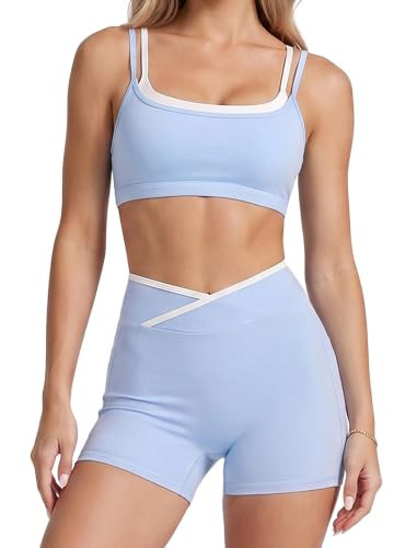 2 Piece Yoga Sets Blue Workout Sets for Womens Athletic Clothing Gym Sets L | Amazon (US)