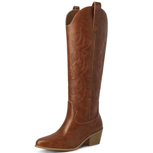 Ouepiano Cowboy Boots for Women Brown Knee High Cowgirl Boots Chunky Heel Pointed Toe Long Tall Western Boot Pull On (Brown, Size 11) | Amazon (US)