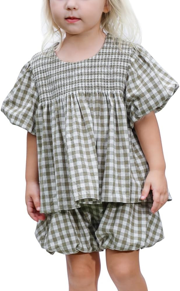 Gingham Toddler Girls Outfits Spring Smocked Kids Clothes Sets Summer Lining Blouses Bloomers Gir... | Amazon (US)