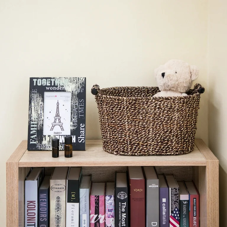 Mainstays Brown Oval 2-Hue Seagrass Storage Basket with Wooden Handles, 8.31 in. x 10 in. x 14.31... | Walmart (US)