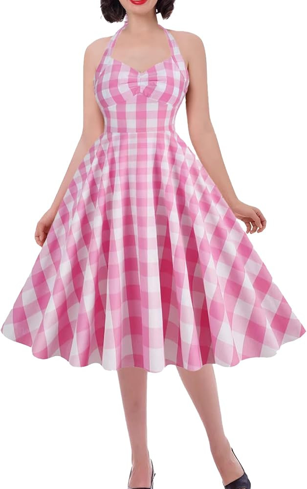Women's Halter Gingham Dress Vintage Spaghetti Strap Plaid Dress A-line Cocktail Swing Dresses | Amazon (US)