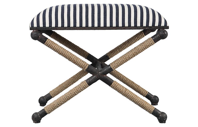 Jean Ottoman, Navy/White Stripe Linen | One Kings Lane