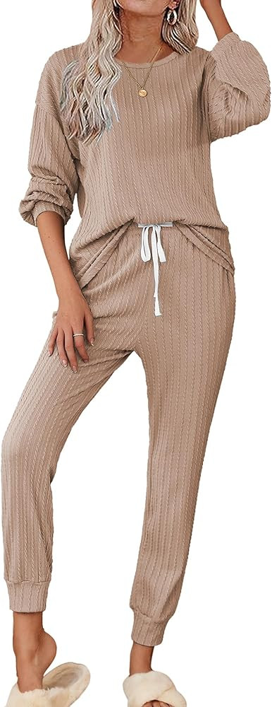Ekouaer Womens Pajamas Set Ribbed Knit Long Sleeve Pullover Top Jogger Pants Set 2 Piece Lounge S... | Amazon (US)