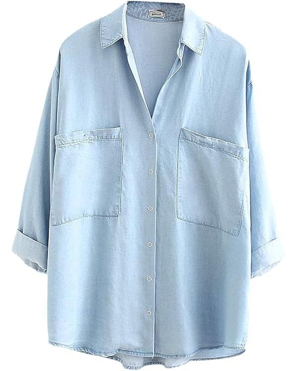 Yimoon Womens Denim Shirt Chambray Blue Button Down Jean Shirt Denim Tops Soft Tencel Casual 3/4 ... | Amazon (US)