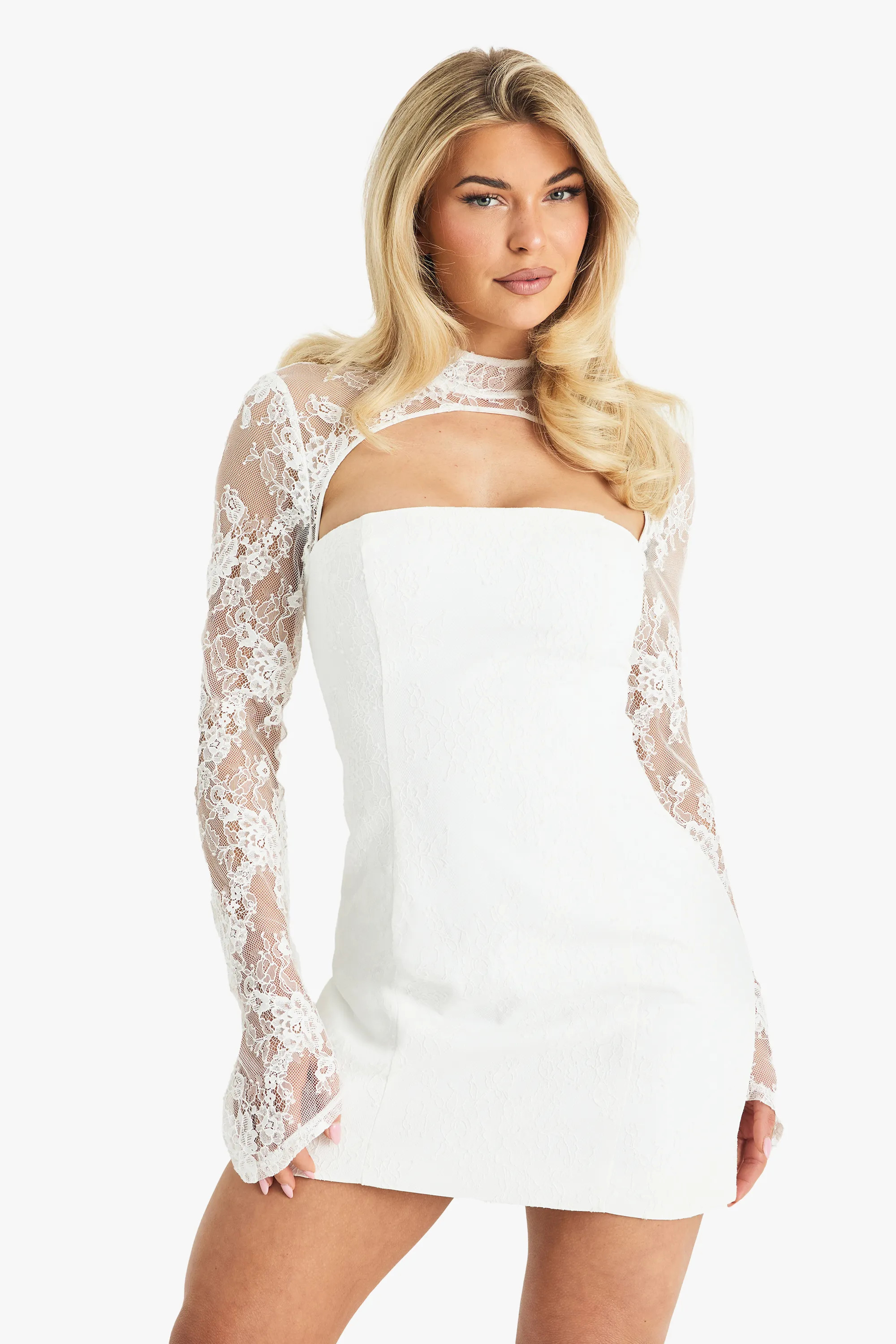 Premium High Neck lace Structured Mini Dress | boohoo (US & Canada)