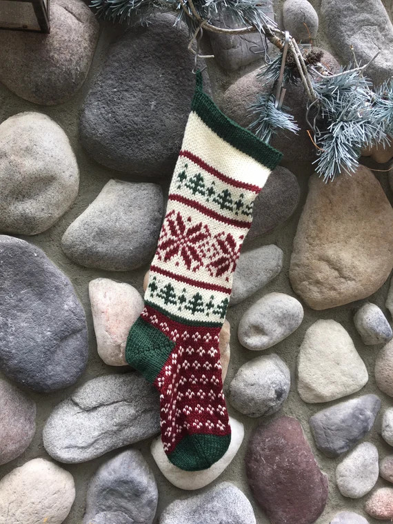 Knit Christmas Stocking Poinsettia and Pines  Ready to Ship  | Etsy | Etsy (US)
