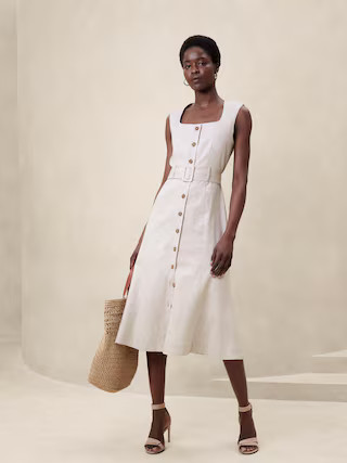 Linen-Blend Button Midi Dress | Banana Republic Factory