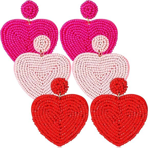 MTLEE Valentine's Day Heart Earrings 3 Pairs Heart Beaded Earrings Statement Drop Earrings Handma... | Amazon (US)