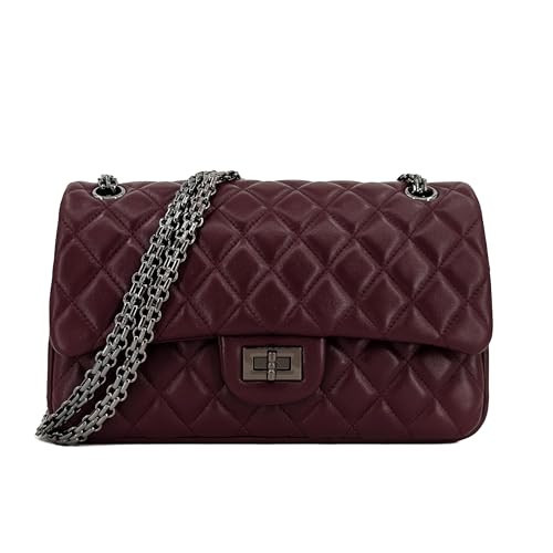 M-ioi-M Quilted Genuine Leather Crossbody Bag for Women, Soft Lambskin Shoulder Bag with Adjustable Double Chain Strap, Classic Designer Flap Purse, Luxury Evening Handbag (Dark Plum, Small-10in) | Amazon (US)