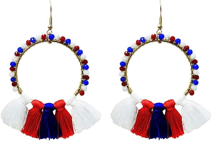 Women Tassel Beads Bohemian Dangle Drop Earrings July 4th Patriotic Hoop Holiday Jewelry Accessor... | Amazon (US)