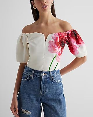 Floral V-Wire Off The Shoulder Puff Sleeve Top | Express