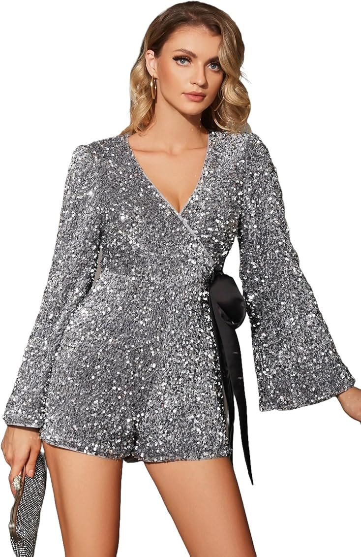 UNIQUE 21 Women Sequin Romper One Piece Shiny Wrap V Neck Shorts Jumpsuit Deep V Neck Long Sleeve Disco Dance Outfits | Amazon (US)