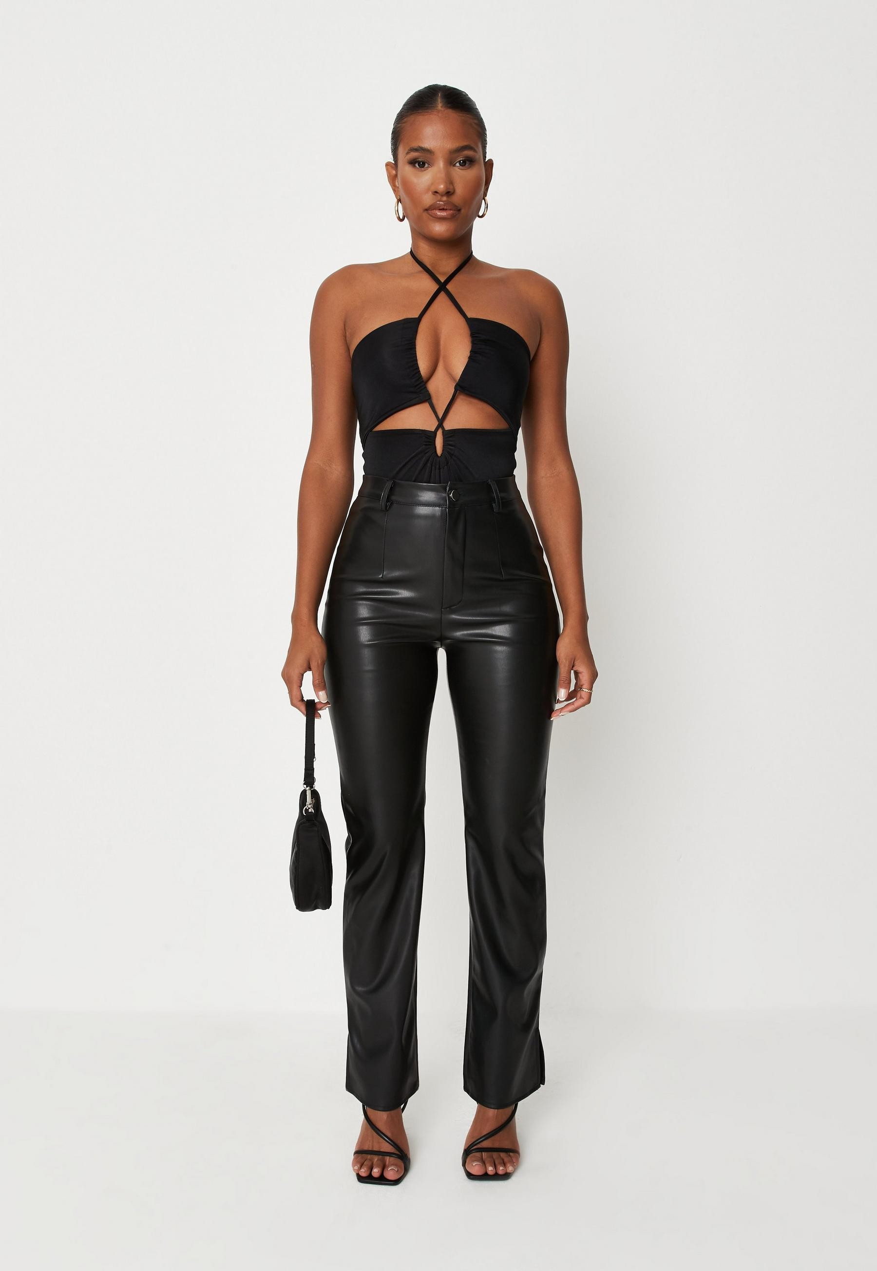 Black Faux Leather Split Hem Straight Leg Pants | Missguided (US & CA)