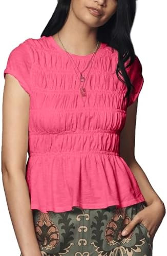 Shiyifa Womens Peplum Babydoll Tops Smocked Ruched Crew Neck Cap Sleeve Tee | Amazon (US)
