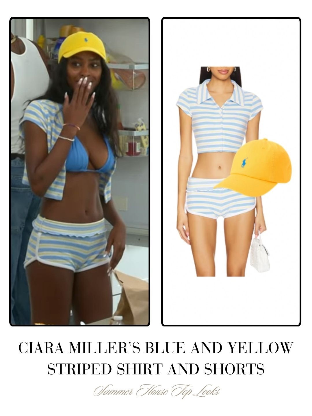Ciara Miller’s Blue and Yellow Striped Shirt and Shorts 