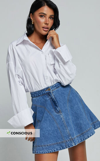 Koemi Skirt - High Waisted Denim Flare in Mid Blue Wash | Showpo (US, UK & Europe)