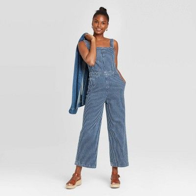 Women's High-Rise Striped Wide Leg Cropped Overalls Jeans - Universal Thread™ Medium Blue | Target