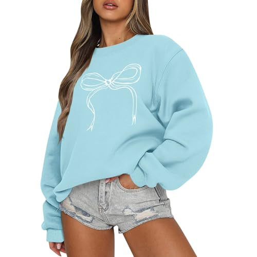 Bow Sweatshirt Oversized Crewneck Sweatshirt Women Cute Graphic Sweatshirts No Hood Fleece Pullover Bow Sweater Cute Teen Preppy Sweat Shirts Long Sleeve Y2k Tops Clean Girl Aesthetic Coquette Clothes | Amazon (US)