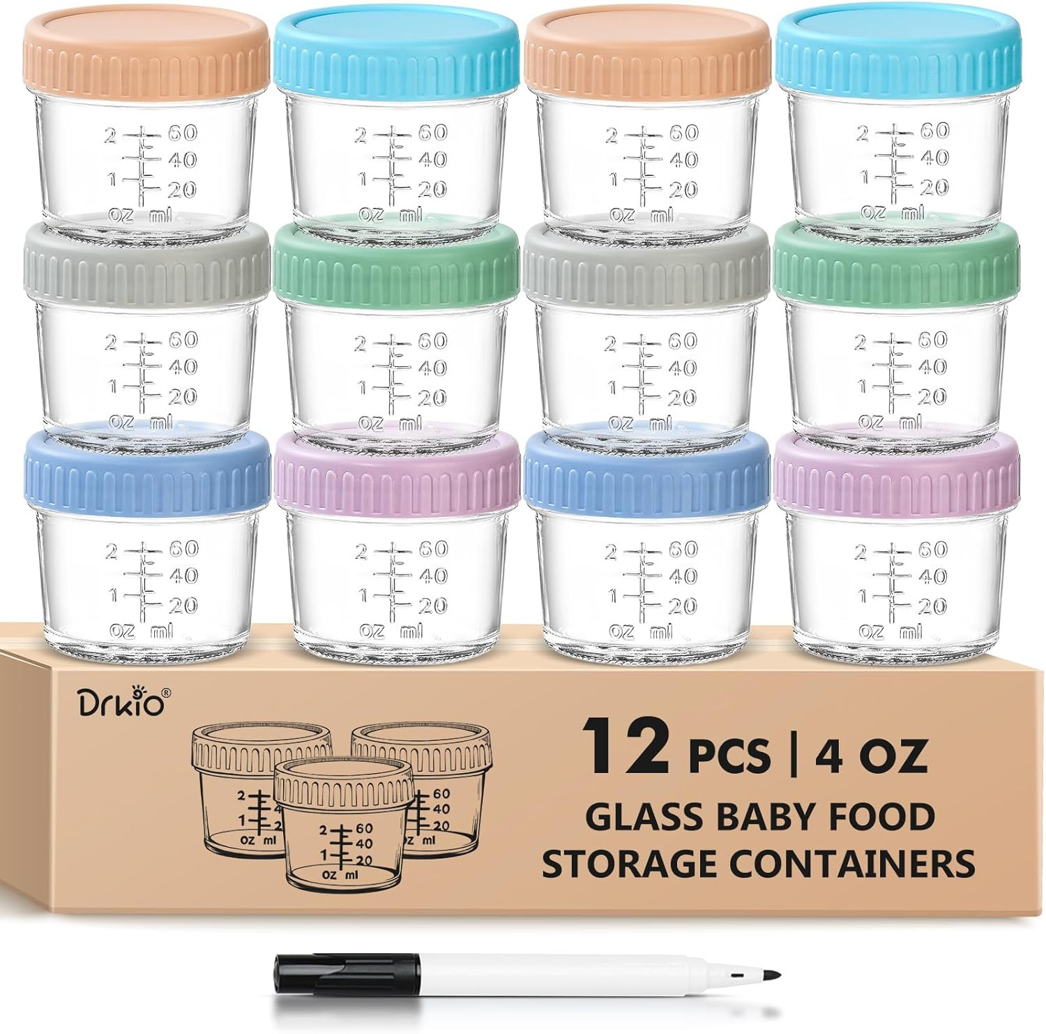 DRKIO 12 Pack Glass Baby Food Storage Containers - 4 Oz Baby Food Jars with Lids Baby Food Maker ... | Amazon (US)