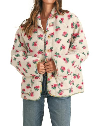 Dqbeng Womens Floral Sherpa Fleece Jacket Long Sleeve Button Up Oversized Casual Teddy Coats Outerwear with Pockets (Cream-M) | Amazon (US)
