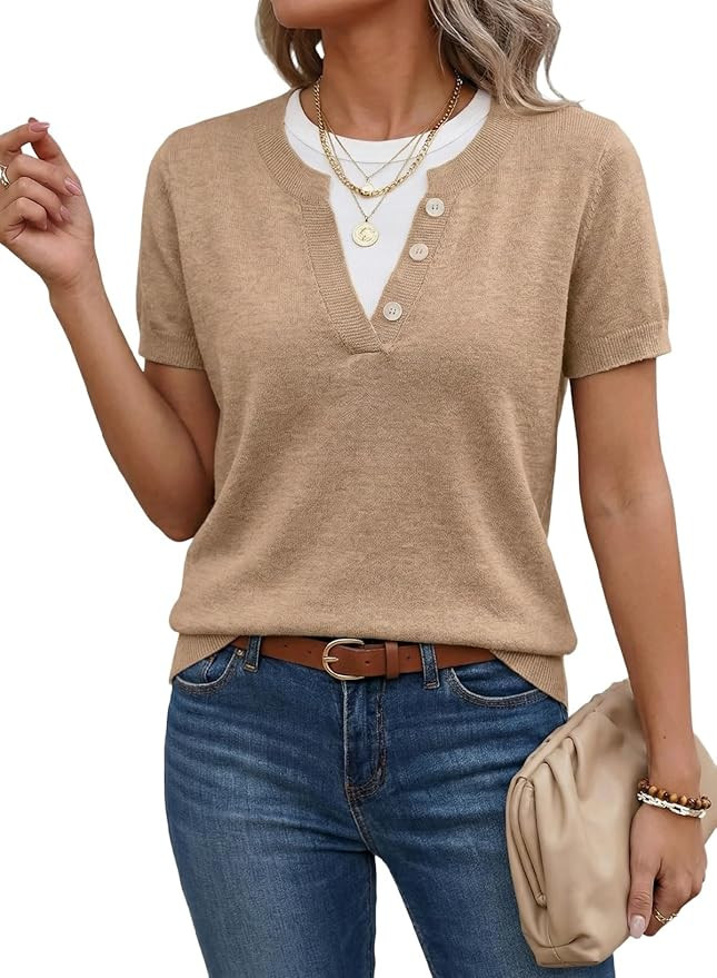 SHEWIN Womens Sweaters Short Sleeve Color Block Tops Lightweight Summer Spring Shirts Business Ca... | Amazon (US)