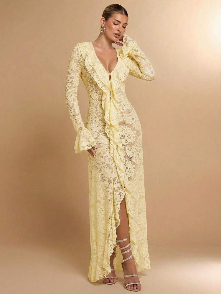 SHEIN BAE Summer Vacation Early Spring Solid White Sexy Simple Elegant Long Sleeve Ruffle Deep V Ladies Lace Simple Ladies Dress, Valentine's Day Dress, Party Dress, Romantic Date Dress, Wedding Bridesmaid Dress, Prom Dress, Daily Commuting Dress, Birthday Dress, Holiday Dress | SHEIN