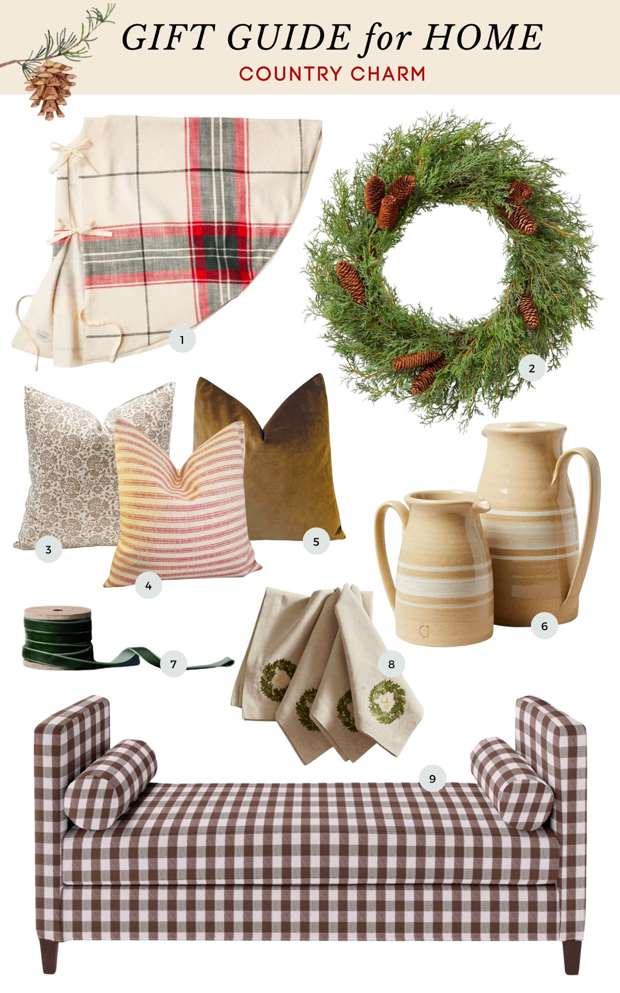 Farmhouse country Christmas decor ideas include a plaid tree skirt, faux pine wreath, floral brown pillow, striped pitcher, green velvet ribbon, embroidered napkins, and gingham daybed 

#LTKGiftGuide #LTKHoliday #LTKhome
