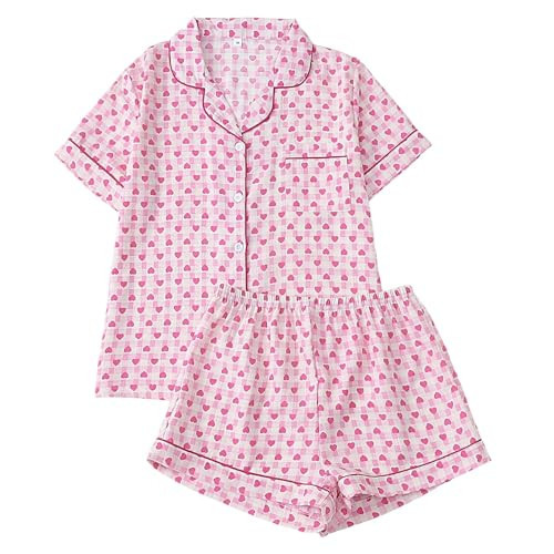 Valentines Pajamas,Heart Pajamas Women Valentines Short Sleeve Button Shirts And Pj Shorts Cute Holiday 2 Piece Pjs Set Pink Medium | Amazon (US)