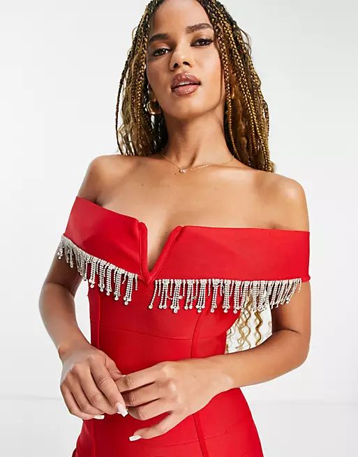Band Of Stars off the shoulder tassel trim detail body-conscious dress in red | ASOS (Global)
