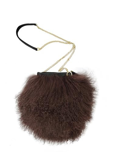 FINILUO Furry Crossbody Bag Real Curly Mongolian Fur Purse Flush Fur Clutch Shoulder Bag (Brown) | Amazon (US)