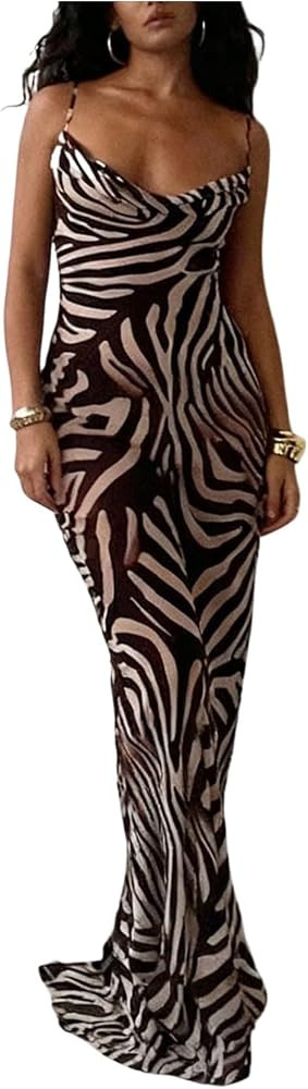 SHENHE Women's Summer Cowl Neck Spaghetti Strap Bodycon Maxi Dress Zebra Print Party Long Dress | Amazon (US)
