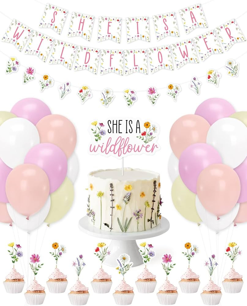Sinasasspel Wildflower Baby Shower Decorations She Is A Wildflower 1st Birthday Party Banner Cake... | Amazon (US)